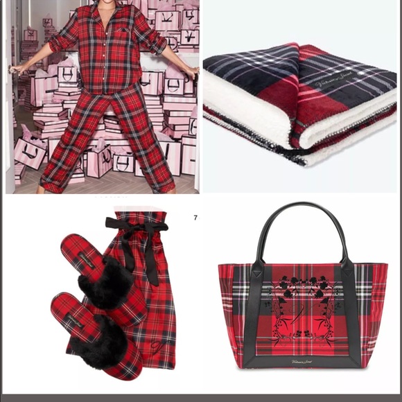 VS Flannel plaid PJ Blanket Slippers Tote Gift Set